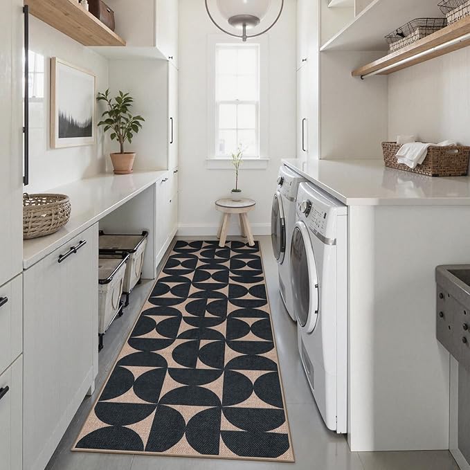 Lahome Modern Geometric Easy Jute Runner Rug 2.5x8 for Hallway, Washable Non Skid Carpet Runners 8ft, Neutral Boho Semi-Circle Outdoor Mats for Deck Entry