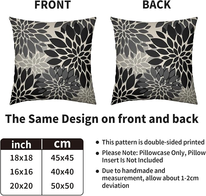 Black Grey Gray Pillow Covers 16X16 Inch Set of 2, Dahlia Flower Spring Summer Floral Cream Decorative Throw Pillow Covers Outdoor Modern Farmhouse Cushion Case for Home Couch Sofa Bed Decor