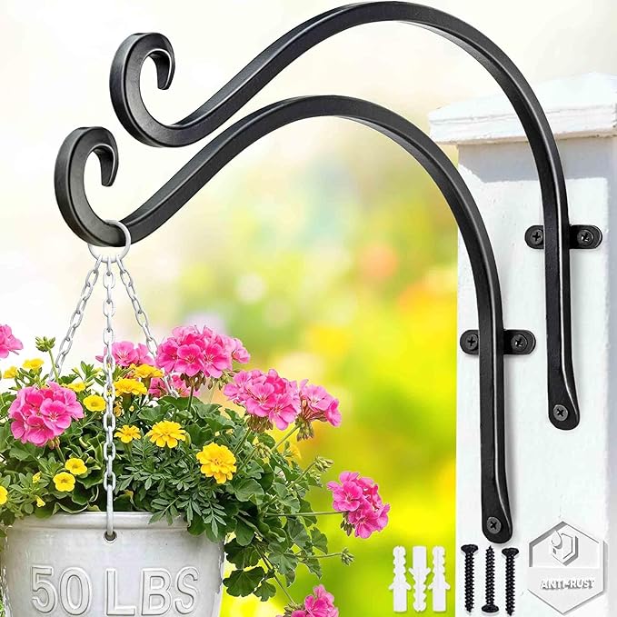 Qiang Ni Outdoor Bird Feeder Hanger Hooks: 12-Inch 50Lbs Wall Hanging Plant Bracket Indoor - 2 Pieces Plant Hooks for Hanging Flower Baskets