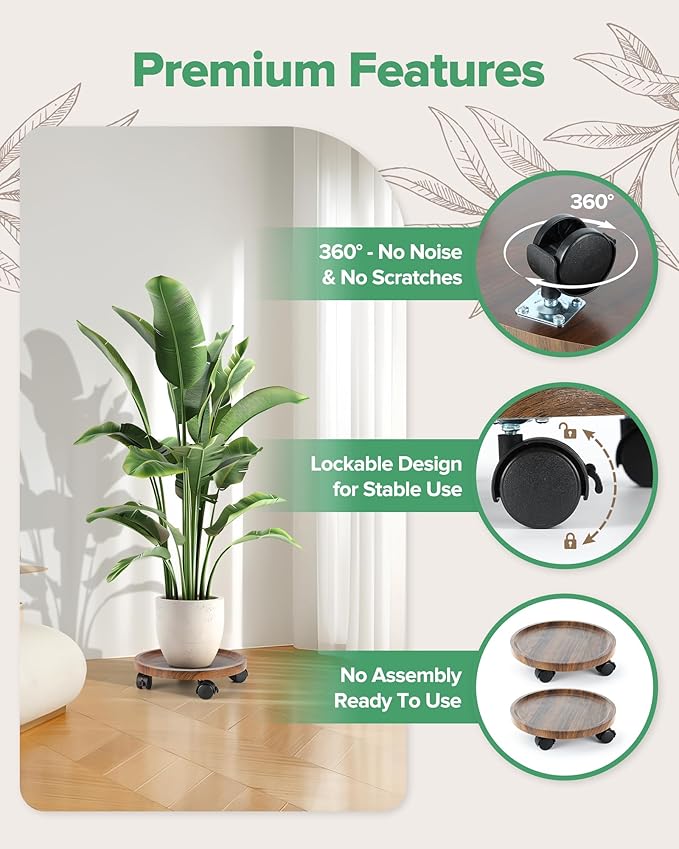 2 Pack Plant Caddy with Wheels, 12" Wood Rolling Plant Stand with 360° Lockable Wheels, Plant Stands Outdoor for Large Plants, Flower Cart Plant Dolly Plant Caster for Heavy Objects, Walnut