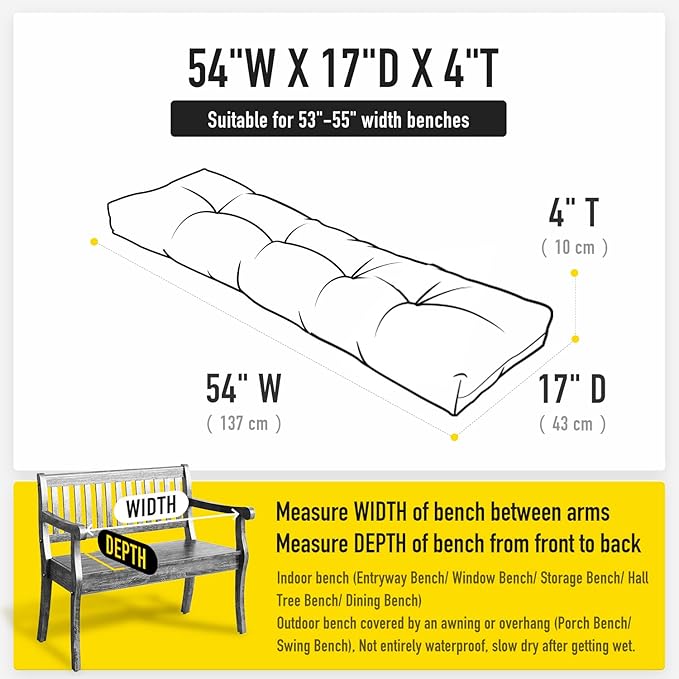 SUNROX LokGrip Non Slip Tufted Memory Foam Bench Cushion, FadeShield Water Resistant Durable Thicken Outdoor/Indoor Bench Seat Pads 54x16x4 inch, Midnight