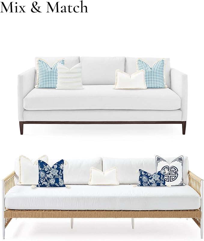 Hofdeco Premium Coastal Patio Indoor Outdoor Lumbar Pillow Cover Only, 12"x20" Water Resistant for Backyard, Couch, Solid White Fringe
