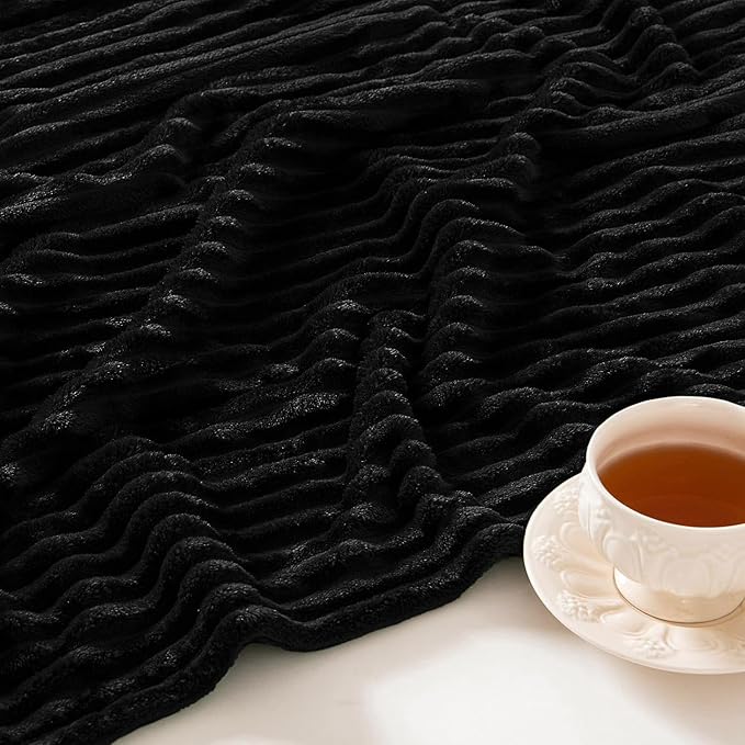 MIULEE Black Throw Blanket 3D Ribbed Jacquard Fleece Flannel Velvet Plush Decorative Bed Blanket (Throw, 50" x 60") - Super Soft, Lightweight, Warm and Cozy for Couch Sofa