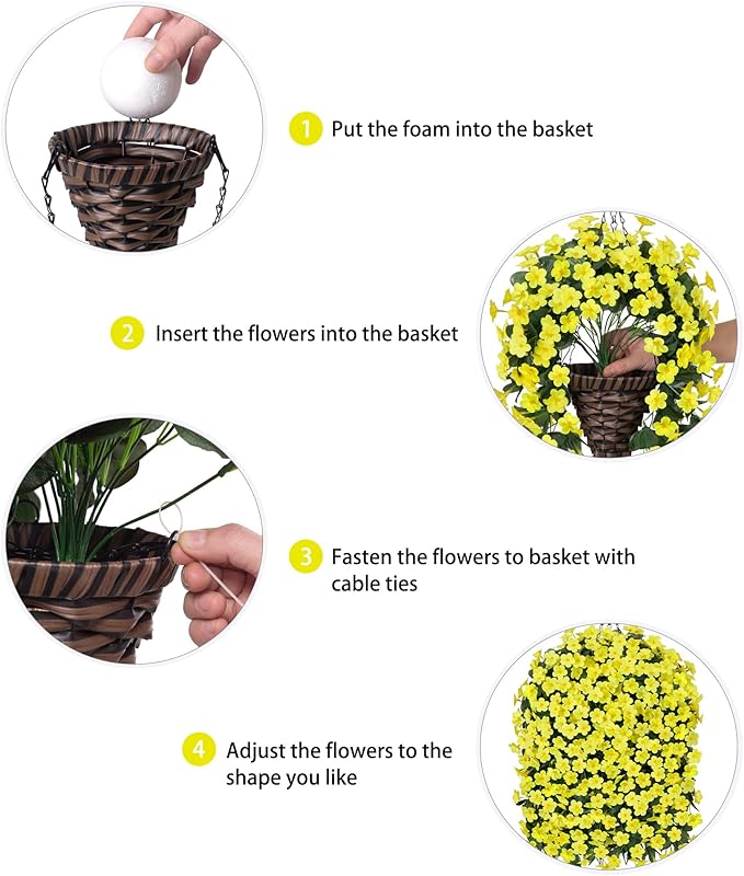 HyeFlora Artificial Fake Hanging Outdoor Flowers Plants Basket, Faux Silk Yellow Daisy Flowers UV Resistant Realistic Hanging Planter Orchid Vines for Outside Porch Patio Home Garden Yard Decoration