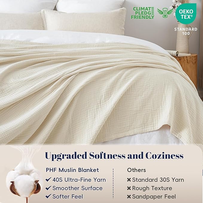 PHF 100% Cotton Muslin Blanket King Size 108"x90", 4-Layer Lightweight Gauze Throw, Breathable Cloud-Soft Minimalist Blanket for Bed, Couch, Camping & Baby, Birch, Ideal Gift