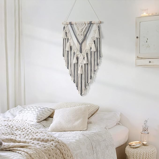 Dremisland Macrame Woven Wall Hanging Boho Geometric Woven Tapestry Beige & Grey Cotton Handmade Bohemian Art Decor with Tassel Craft Ornament for Bedroom Living Room Apartment Nursery (Grey)