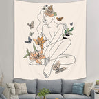 SVBright Abstract Woman Fabric Wall Hanging Tapestry 51Wx59H Inch Simple Modern Butterfly Flower Leaves Minimalist Art Line Plant Aesthetic Portrait Sketch Home Decor Art for Living Room Bedroom Dorm