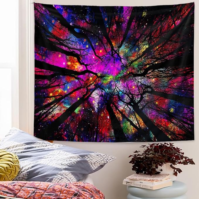 Blacklight Galaxy Forest Silhouette Tapestry for Bedroom Night Sky Ceiling Tapestry for Bedroom Decor Dark Forest Stars Tapestries Glow in the Dark Starry Night Tapestries UV Reactive Dorm Decor 51x59