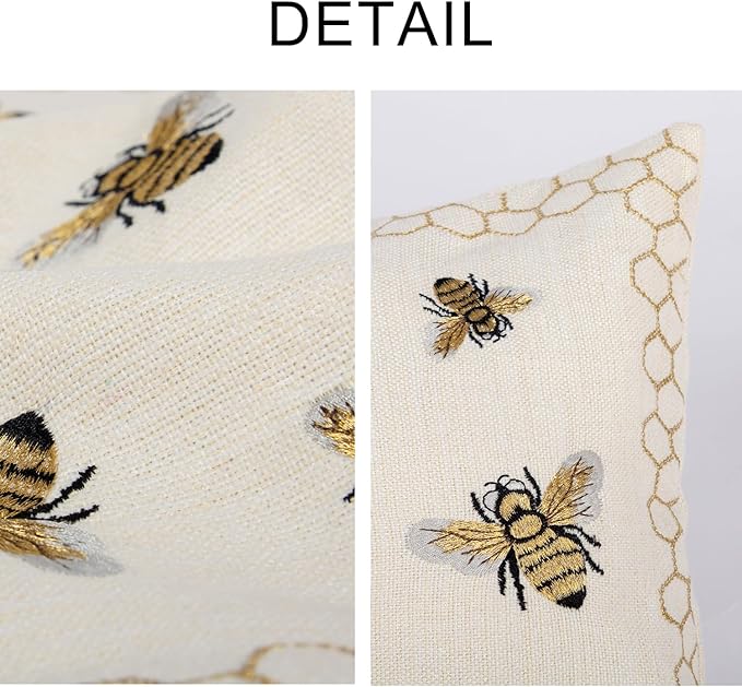 Honeycomb Throw Pillow Cover 12x 20, Gold Embroidered Bumble Lumbar Linen Pillow Cushion Case, Bee Farmhouse Home Decor for Outdoor Couch Bedroom Car