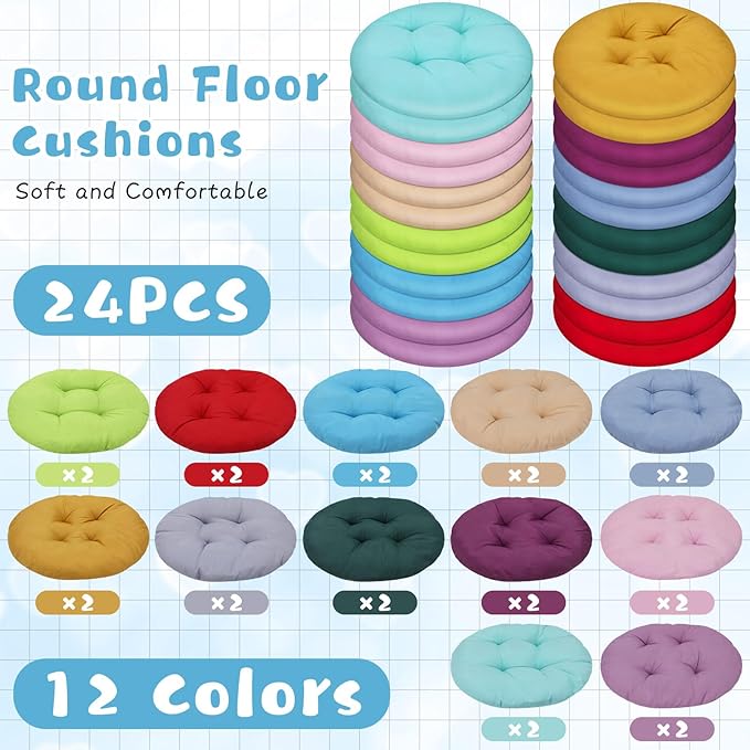 Tinideya 24 Pcs Round Floor Cushions Floor Pillows Meditation Seat Pillows Flexible Seating for Adults Kids, Chair Cushions for Classroom, Nursery, Living Room, Yoga(Small 11.8 Inch,Multi Color)