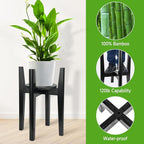 Adjustable Plant Stand with Tray,Indoor Wood Plant Stand Fit 8'' to 12'' Planter,Mid Century Modern Flower Pot Holder Rack(Plant and Pot Not Included),Black