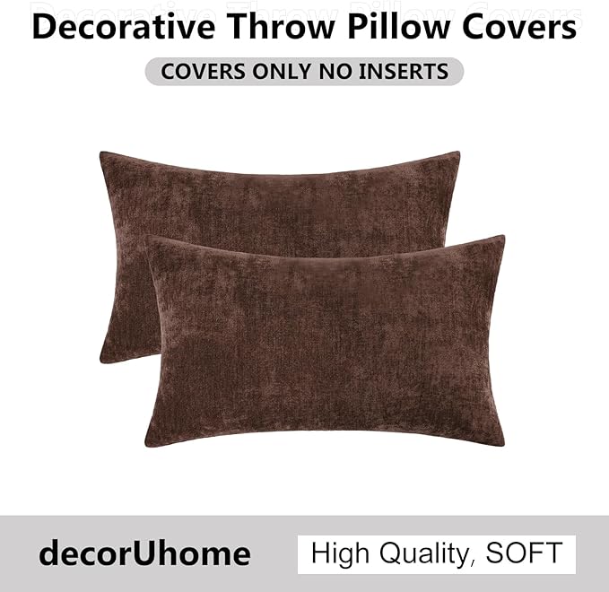 decorUhome Chenille Reddish Brown Spring Throw Pillow Covers 12x20 Inch Set of 2, Decorative Soft Couch Pillow Covers Solid Dyed Accent Farmhouse Neutral Rectangle Pillow Cases for Sofa