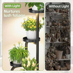 iDavosic.ly Tall Plant Stand Indoor with Grow Light, 4 Tier Corner Multiple Flower Holder Shelf with Metal Trays, Space Saving Display Rack for Living Room Balcony Patio Porch | Black & Brown