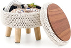 Round Storage Ottoman Foot Rest Cotton Braided Foot Stool Pouf Ottoman with Solid Wood Legs Footstool with Storage Shoe Changing Stool for Living Room White