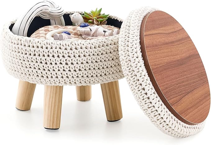 Round Storage Ottoman Foot Rest Cotton Braided Foot Stool Pouf Ottoman with Solid Wood Legs Footstool with Storage Shoe Changing Stool for Living Room White