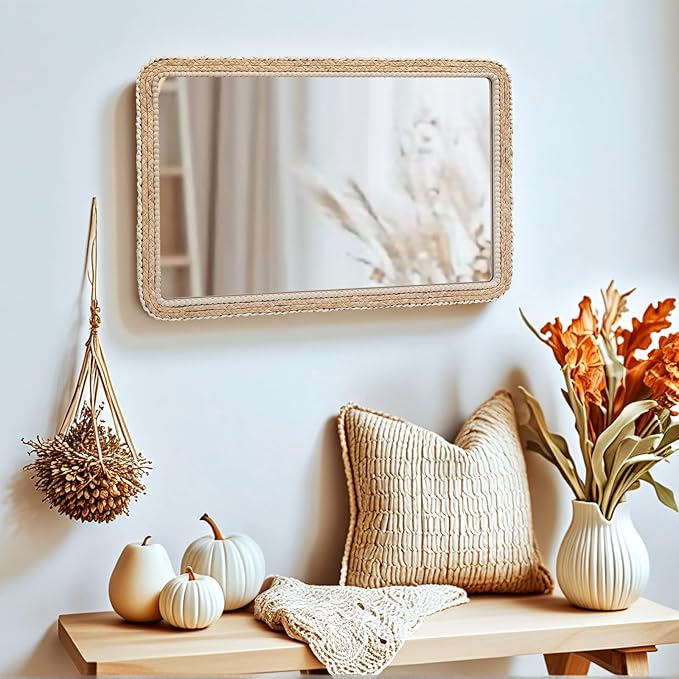 FUIN 24x36 Large Wall Mirror, Wood Frame with Braided Seagrass and Wooden Bead, Vertical & Horizontal Coastal Mirror for Bathroom