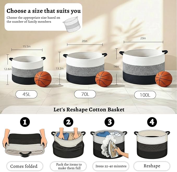 70L Large Cotton Rope Basket, Decorative Woven Blanket Storage for Living Room, Boho Toy Storage & Toy Box for Kids, Versatile Laundry Basket & Nursery Hamper for Blankets(Black)