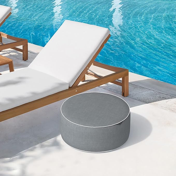 Indoor/Outdoor Inflatable Ottoman D21 x H9 inch, Round Footstool Inflatable Foot Rest Ottoman with Handle, Portable Pouf for Patio, Garden, Camping, Home, Textured Gray