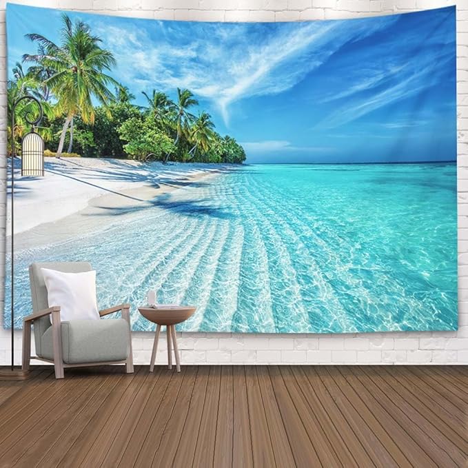 EMMTEEY Beach Tapestry Home Decor Wall Art Extra Large 92.5X70.9 Inch-Summer Calm Sea Waves with Palm Trees Durable Tapestry Wall Hanging for Bedroom