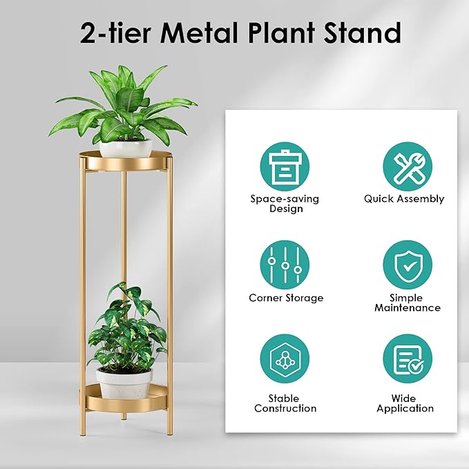 Plant Stand Plant pots Indoor Stands – Metal Flower Pots Stand Plant Shelf for Multiple Plants,2 Tier Removable Display Plant Table Gardeing Gifts for Living Room Outdoor Garden Balcony Décor Gold