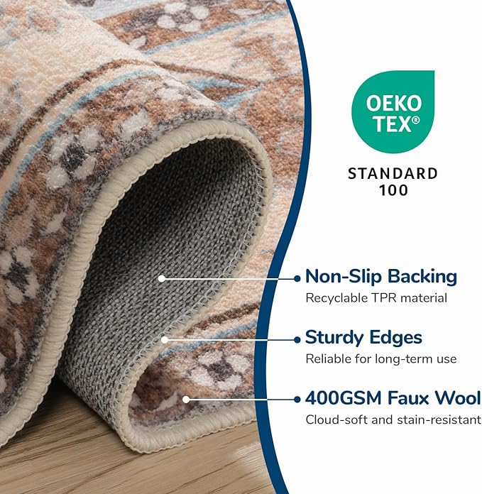 Lessymo 8 x 10 Area Rugs for Living Room, Machine Washable Area Rugs Boho Faux Wool Low Pile Area Rug for Bedroom Floral Medallion Vintage Rugs with Non-Slip Rubber, Kid & Pet Friendly, Orange Beige