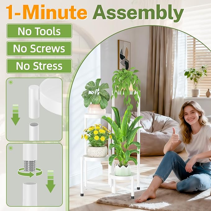 iDavosic.ly Plant Stand Indoor Outdoor, 4 Tier Corner Metal Flower Display Holder Shelf, Folding Tall Orchid Rack for Patio Balcony Porch Garden Living Room House, White