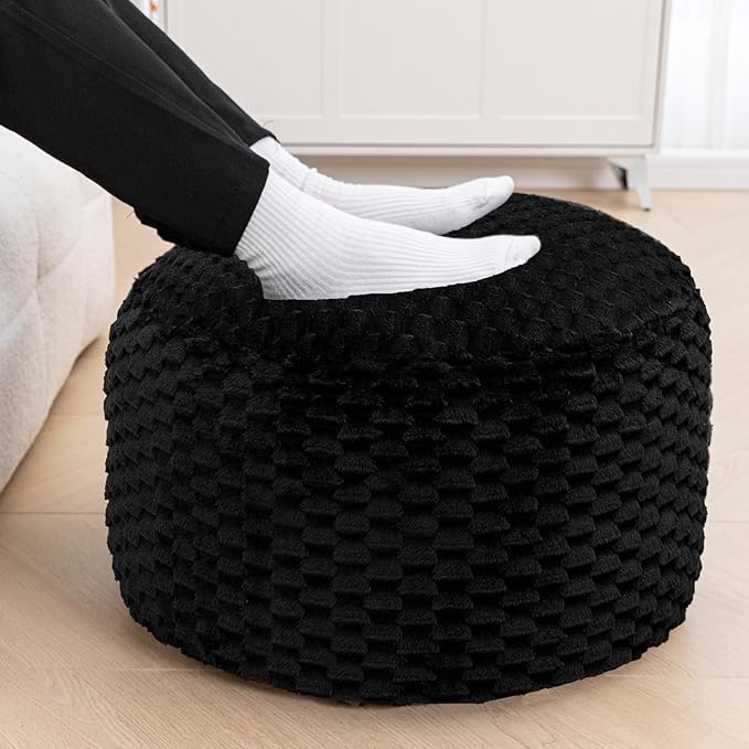 Round Pouf Ottoman Stuffed Plush Fiber Pouf Ottoman Footrest Foot Stool Bean Bag Ottoman Floor Pouf for Bedroom Living Room Accent Seat 20x12inches with Modern Foam Filler (Black)
