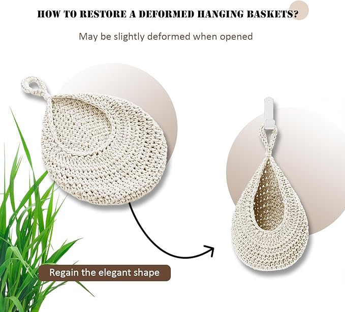 Hanging Fruit Basket Set of 3, Boho Wall Hanging Storage Basket for Organizing, Handmade Teardrop Hammock Holder for Fruit Vegetable in Home & Restaurant Kitchen with Hooks, White Cotton