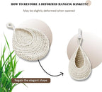Hanging Fruit Basket Set of 3, Boho Wall Hanging Storage Basket for Organizing, Handmade Teardrop Hammock Holder for Fruit Vegetable in Home & Restaurant Kitchen with Hooks, White Cotton
