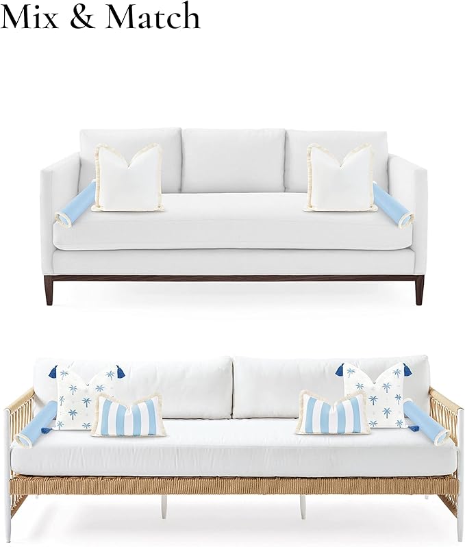 Hofdeco Premium Coastal Hampton Style Patio Indoor Outdoor Bolster Pillow Cover Only, 6"x20" Water Resistant for Couch, Backyard, Solid Baby Blue White Fringe