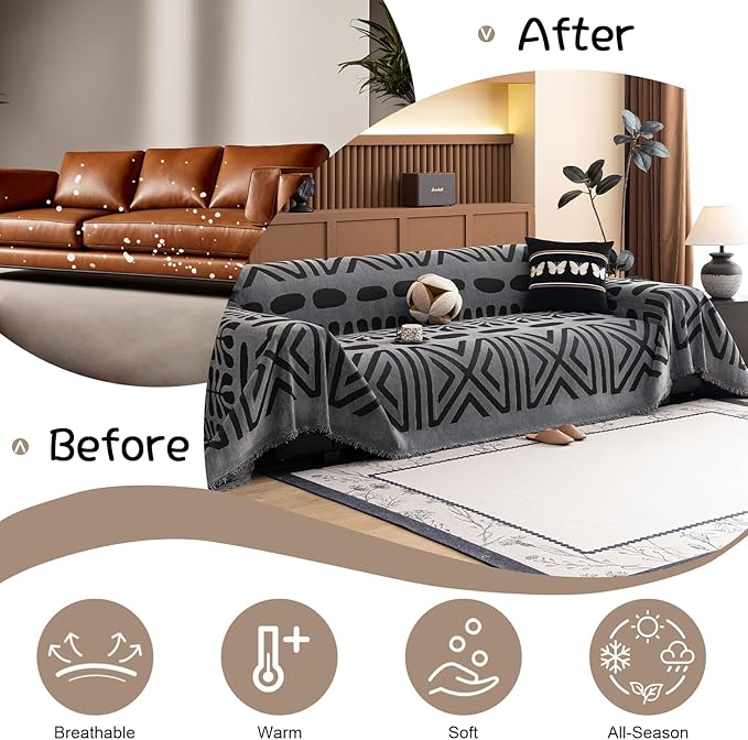 VClife Bohemian Oversize Sofa Cover Washable, Non Slip Chenille Couch Cover for 3-4 Cushion Couch Sofa Pet Furniture Protector Modern Tribal Black Gray Sofa Slipcover for Sectional Couch 71''x150''