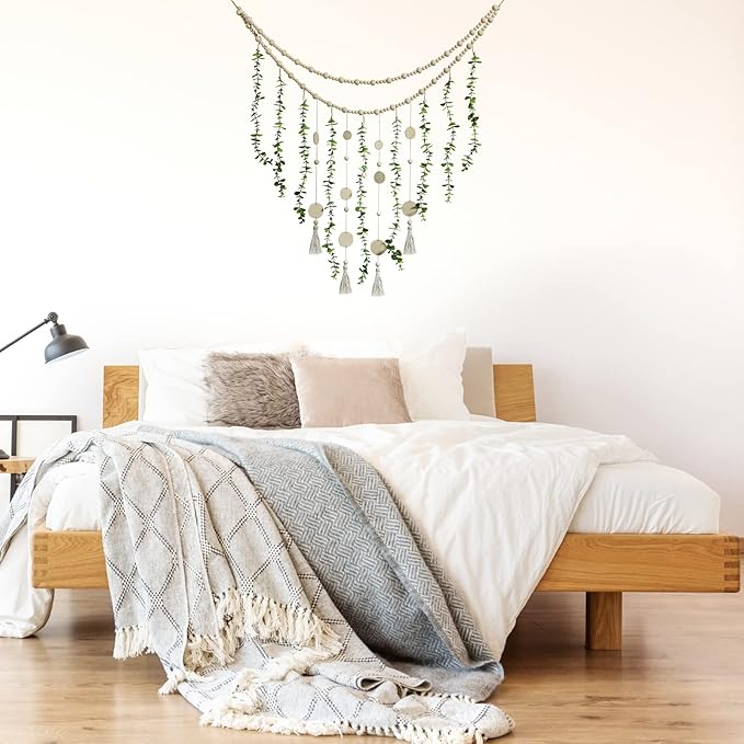 Hanging Eucalyptus Boho Wall Decor Large Boho Bedroom Wall Hanging Wooden Bead Garland Artificial Eucalyptus Natural Greenery Decoration, 36 x 36 Inch (Simple Color, Wood Chip Style)