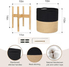 Plant Basket with Stand, Indoor Round Wicker Basket Plant with Bamboo Wood Stand, Decorative Black Woven Cotton Rope Flower Indoor Planter with Legs, Boho Bamboo Wood Planter Holder