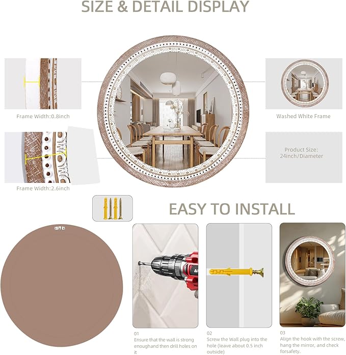 24 Inch Wooden Round Mirror for Wall Decor, Farmhouse Boho Circle Mirrors with Beaded Frame, Decorative for Bedroom, Bathroom, Living Room, Entryway