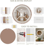 24 Inch Wooden Round Mirror for Wall Decor, Farmhouse Boho Circle Mirrors with Beaded Frame, Decorative for Bedroom, Bathroom, Living Room, Entryway