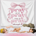 LIANGW Pink Coquette Bow Christian Tapestry, Inspirational Christian Tapestry for Women, Indoor Outdoor Wall Art Tapestriesfor Home Bedroom Girls Dorm Apartment- Pray On It 50x60 inches