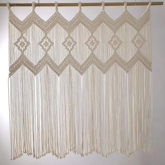 Macrame Doorway Curtains Wall Hanging Window Curtain Panels Closet Room Divider Boho Wedding Decor Backdrop Macrame Valance Boho Kitchen Valance (Ivory White, 33.4''W x 35.4''H)