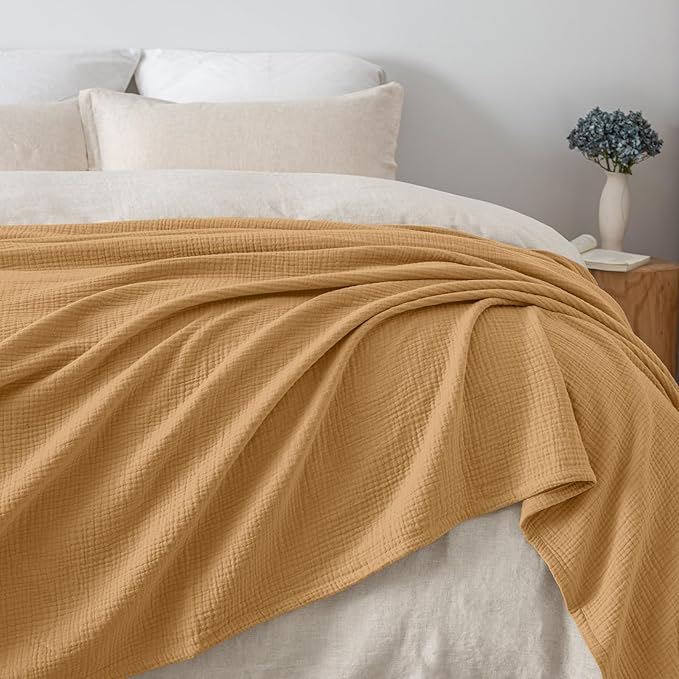 PHF 100% Cotton Muslin Blanket Queen Size 90"x90", 4-Layer Lightweight Gauze Throw, Breathable Cloud-Soft Minimalist Blanket for Bed, Couch, Camping & Baby, Amber, Ideal Gift