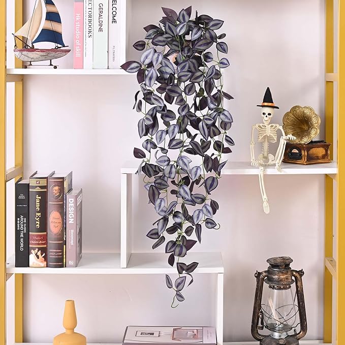 BLEUM CADE Fake Hanging Plants, 4pcs Artificial Hanging Plant, Faux Deep Purple Vines Hanging Plant for Wall Home Living Room Indoor Outdoor Halloween Decor (No Baskets)