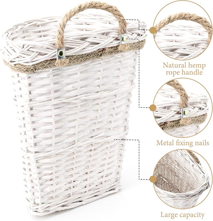 AceList Set of 2 Handmade Wall Hanging Baskets - Woven Wicker Wall Baskets Perfect for Boho Rustic Farmhouse Wall Decor(White)