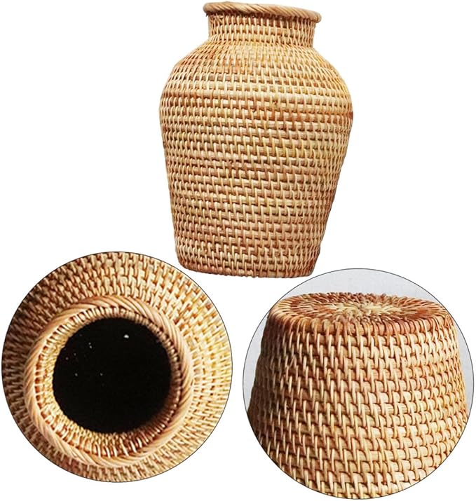 VOSAREA Rattan Vase Country Style Woven Plant Holder Basket Rustic Vase Hand Woven Dried for Home Decoration
