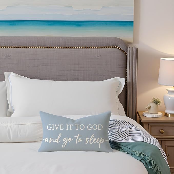 Dusty Blue Decorative Pillow Covers 12x20 Inch Set of 2 – Christian Gifts for Her – Relax God’s Got This/Give It to God and Go to Sleep – Faith Bedroom Lumbar Decor