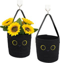 2 Pack Wall Hanging Rope Basket, Small Black Woven Hanging Basket Leather Handle, Black Cat Cotton Rope Wall Storage Basket for Plants Toys, Foldable Round Boho Decor (7.8x7inch)
