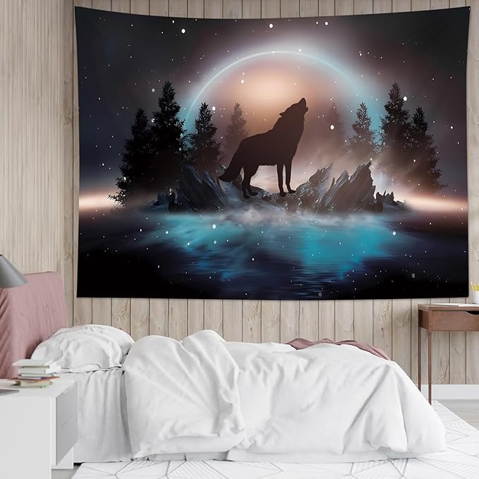LB Black Wolf Tapestry Forest Mountain and Blue Ocean Wall Tapestry Moon in Starry Sky Tapestries for Bedroom Living Room College Dorm Wall Decor,59Wx51H inches