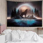 LB Black Wolf Tapestry Forest Mountain and Blue Ocean Wall Tapestry Moon in Starry Sky Tapestries for Bedroom Living Room College Dorm Wall Decor,59Wx51H inches