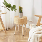 Cpintltr Round Ottoman Footstool Foot Stool Pouf Ottomans with Solid Wood Legs Hand Weave Hyacinth Footrest Step Stool for Living Room Balcony Garden Natural Hyacinth Seagrass