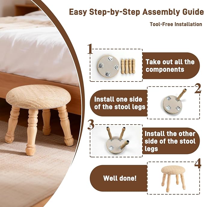 Round Foot Stool, Small Pouf Ottoman with Natural Rattan, Boho Footrest Wooden Stool for Couch, Step Stool for Living Room Bedroom Entryway Hallway Patio
