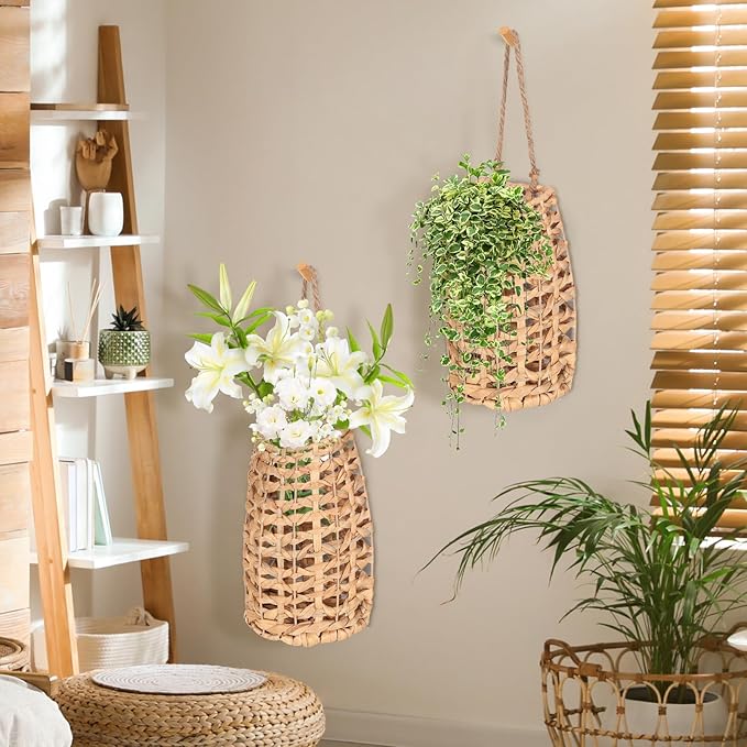 Water Hyacinth Woven Hanging Basket,Wall Hanging Flower Basket,Boho Coastal Woven Front Door Decorate,for Home,Pantry, Farmhouse Decorative Organizer for Entryway Easter, Mother's Day flower basket