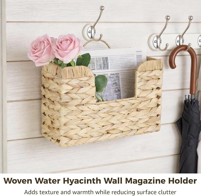 Hanging Basket for Wall, Rattan Woven Hanging Basket Front Door Decor, Water Hyacinth Mail Baskets Wall Mounted Storage Entryway Organizer for Living Room, Bedroom, Office, Housewarming Gift