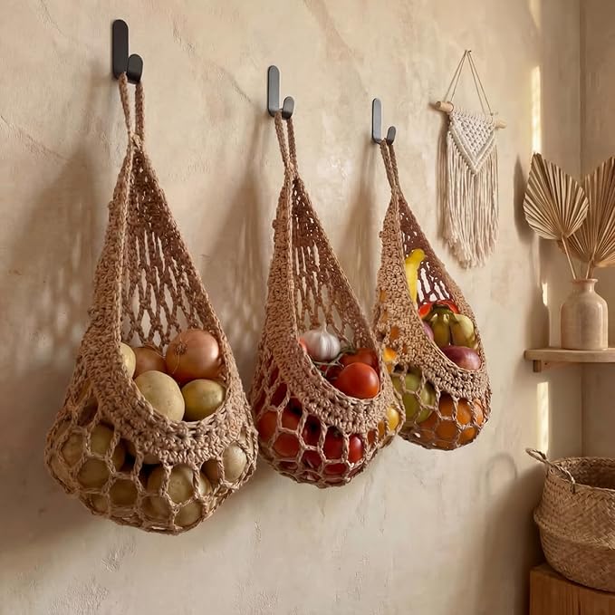 Honeydak Boho Decor Hanging Wall Baskets for Kitchen 3 Pack Teardrop Baskets with Hooks Storage Fruit Onion Vegetable Potato for Home 3 Sizes(Light Linen,Crochet,Cotton Rope)